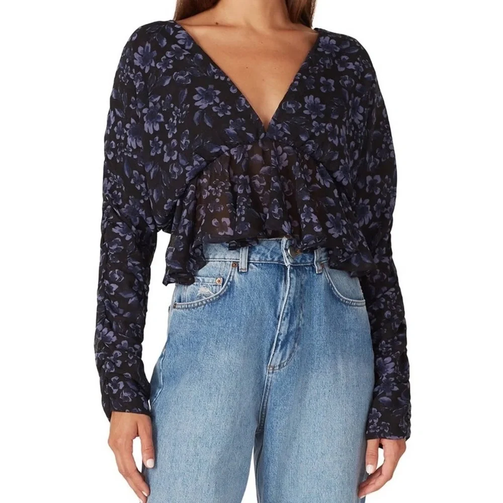 MISA Los Angeles Kesara Top XS Navy Floral Peplum Blouse NWOT Cropped - Picture 1 of 12